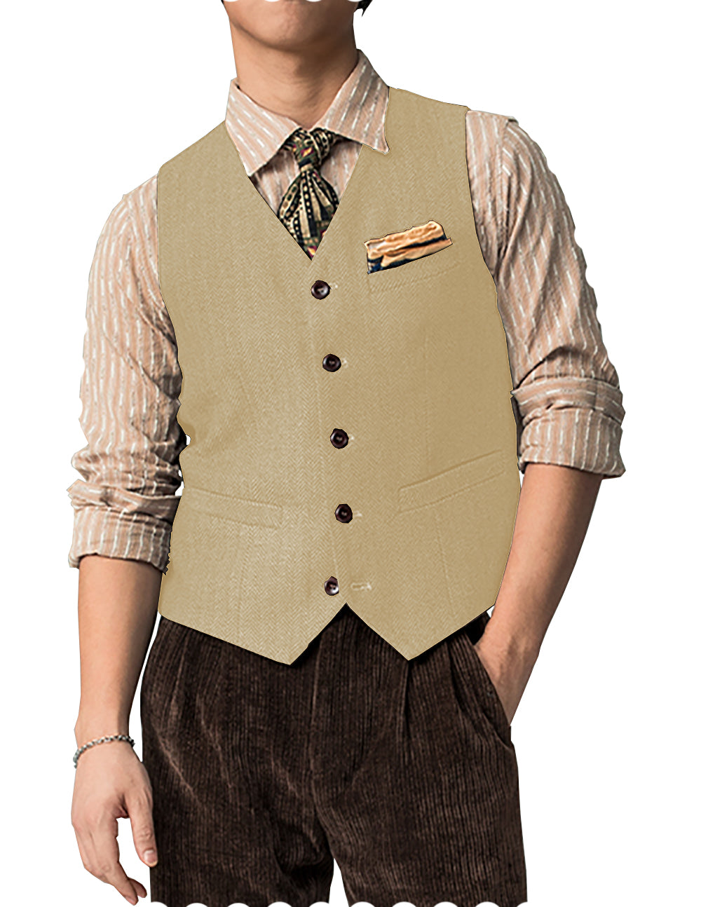 Casual Mens Classic Slim Fit Tweed Herringbone V Neck Waistcoat mens event wear