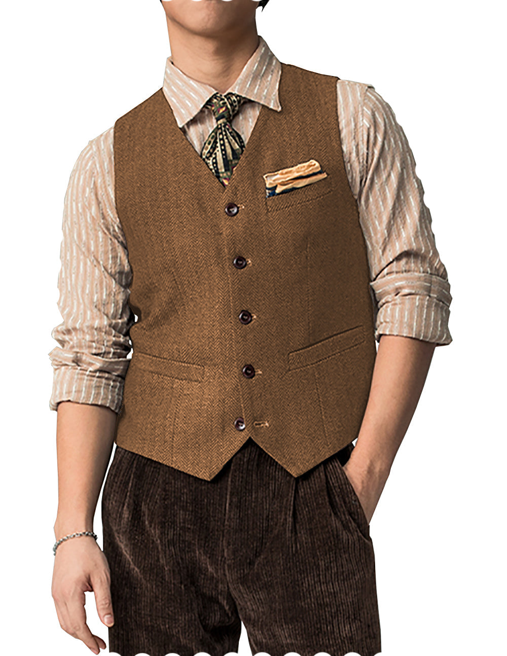 Casual Mens Classic Slim Fit Tweed Herringbone V Neck Waistcoat mens event wear