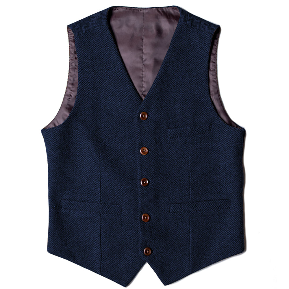 Casual Mens Classic Slim Fit Tweed Herringbone V Neck Waistcoat mens event wear