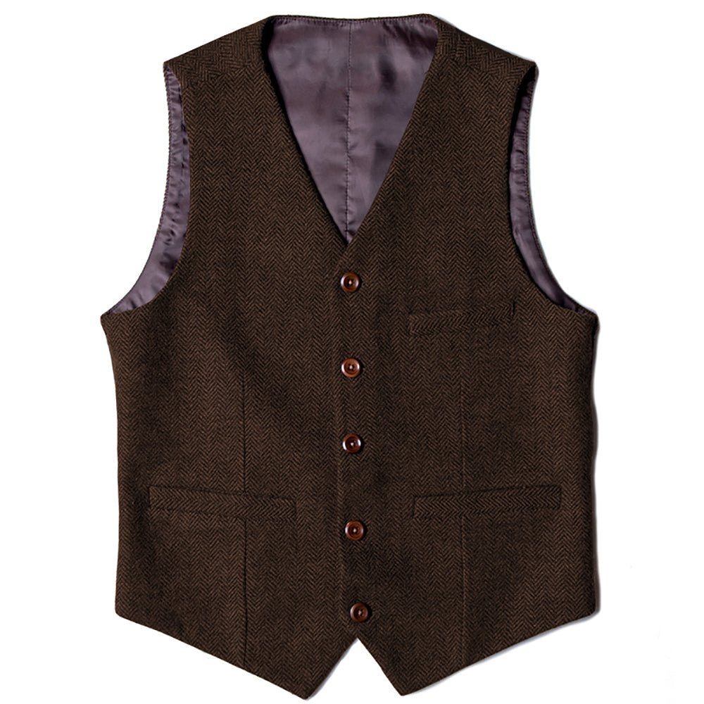 Casual Mens Classic Slim Fit Tweed Herringbone V Neck Waistcoat mens event wear