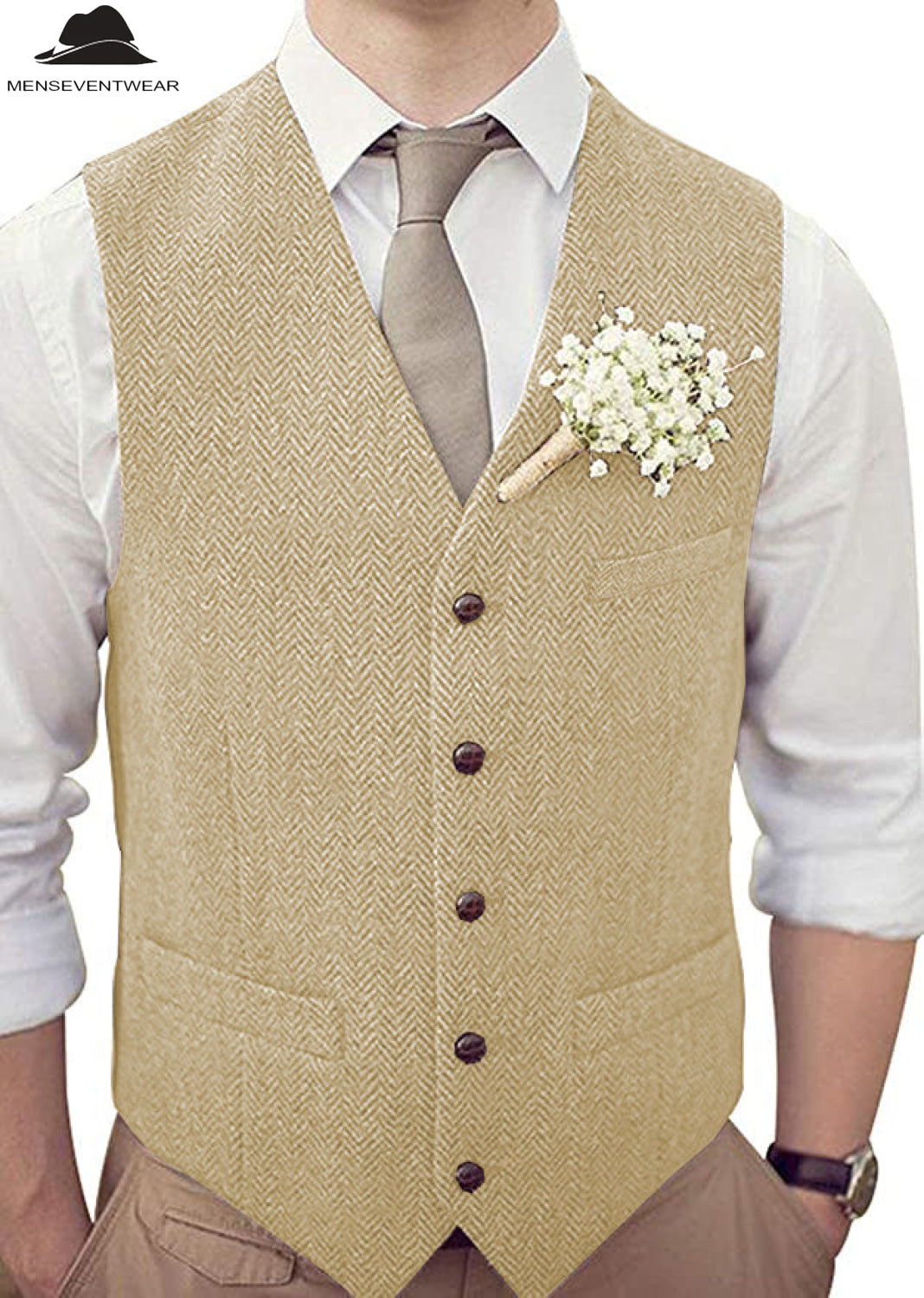 Casual Mens Classic Slim Fit Tweed Herringbone V Neck Waistcoat mens event wear