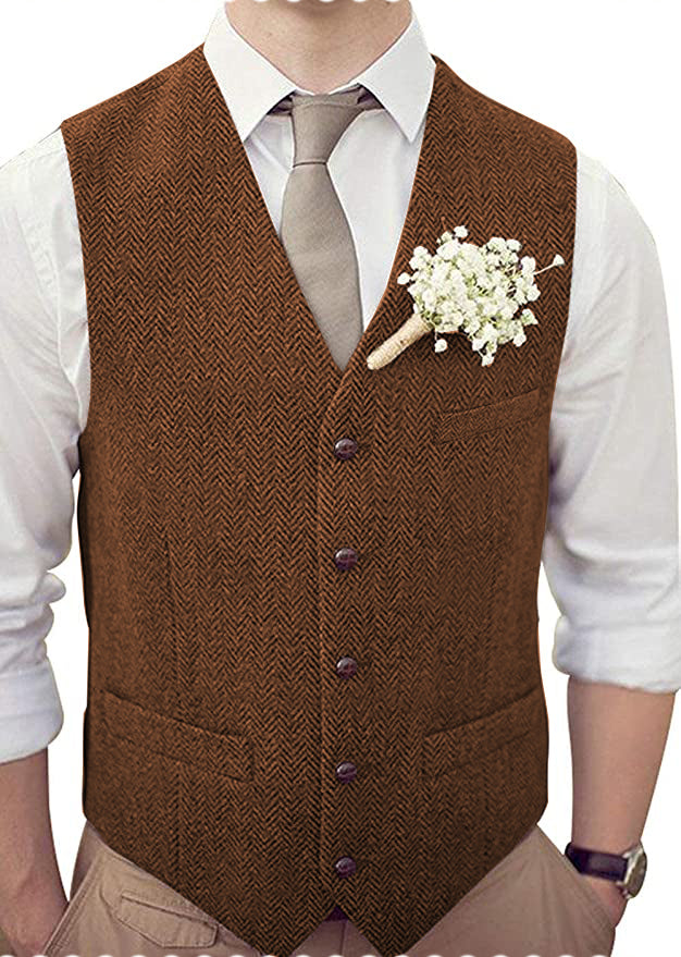 Casual Mens Classic Slim Fit Tweed Herringbone V Neck Waistcoat mens event wear