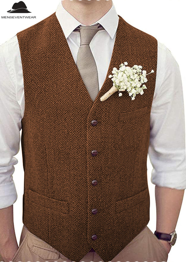 Casual Mens Classic Slim Fit Tweed Herringbone V Neck Waistcoat mens event wear