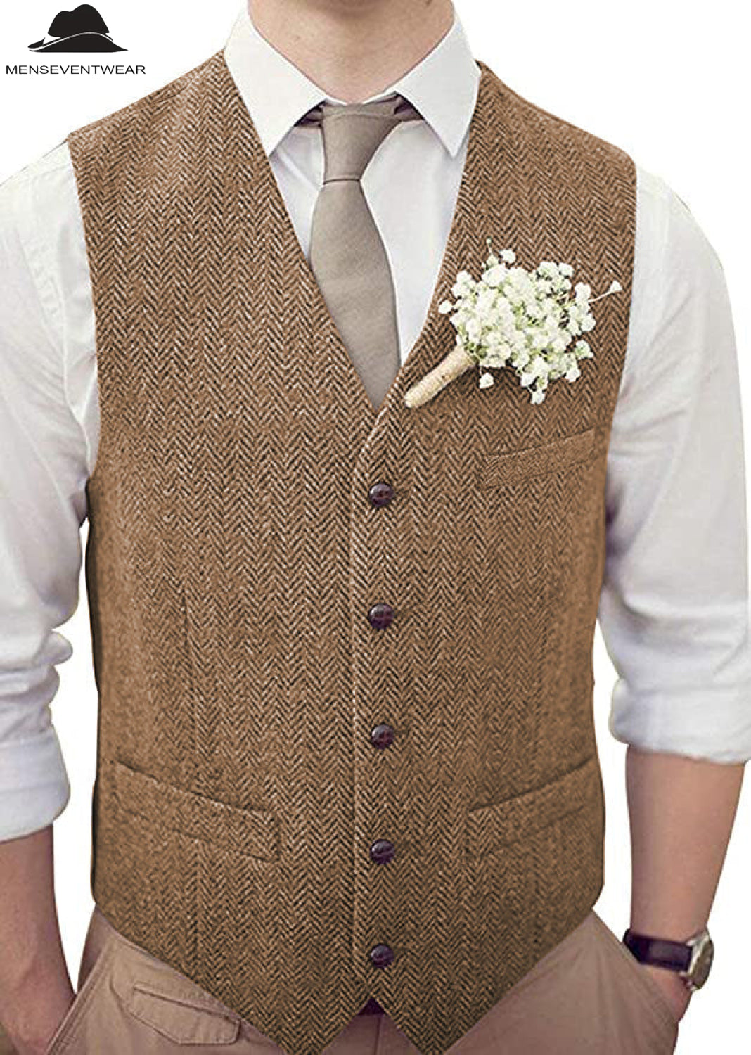 Casual Mens Classic Slim Fit Tweed Herringbone V Neck Waistcoat mens event wear