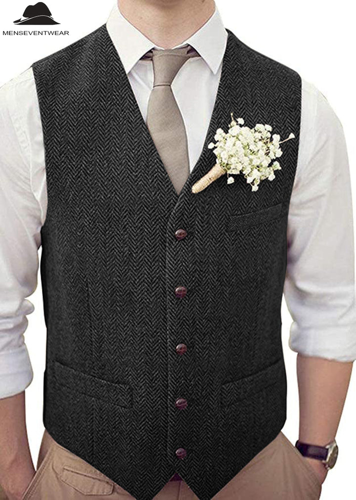 Casual Mens Classic Slim Fit Tweed Herringbone V Neck Waistcoat mens event wear