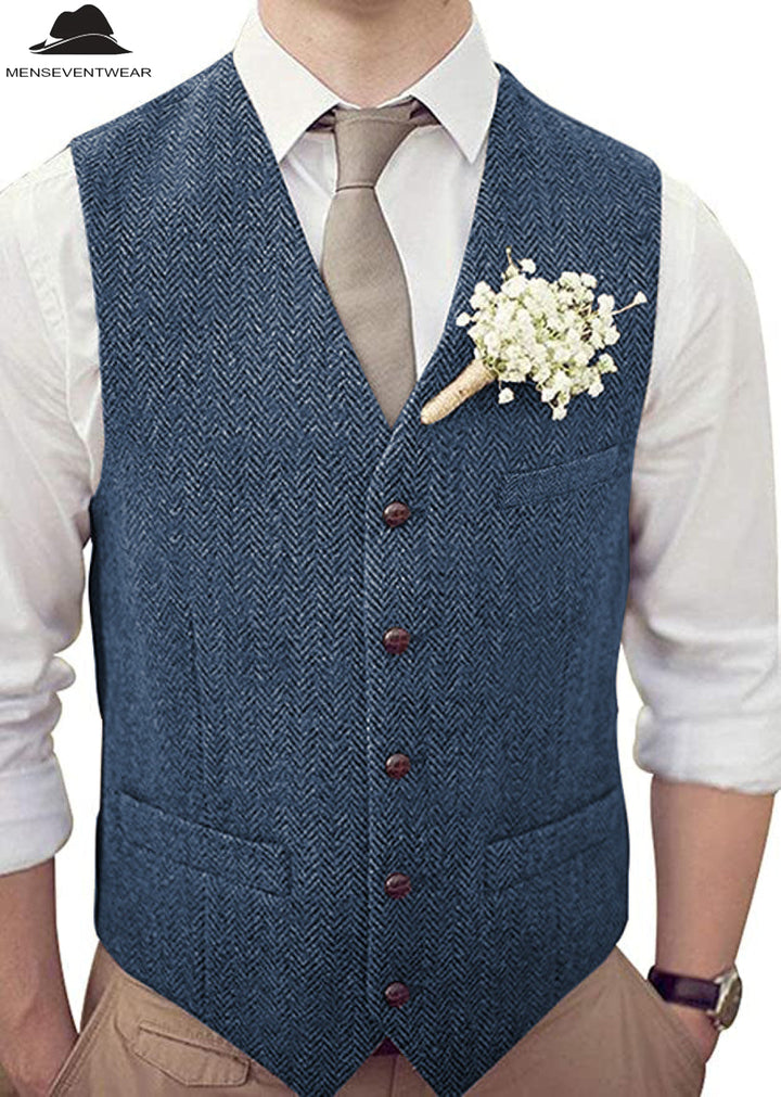 Casual Mens Classic Slim Fit Tweed Herringbone V Neck Waistcoat mens event wear