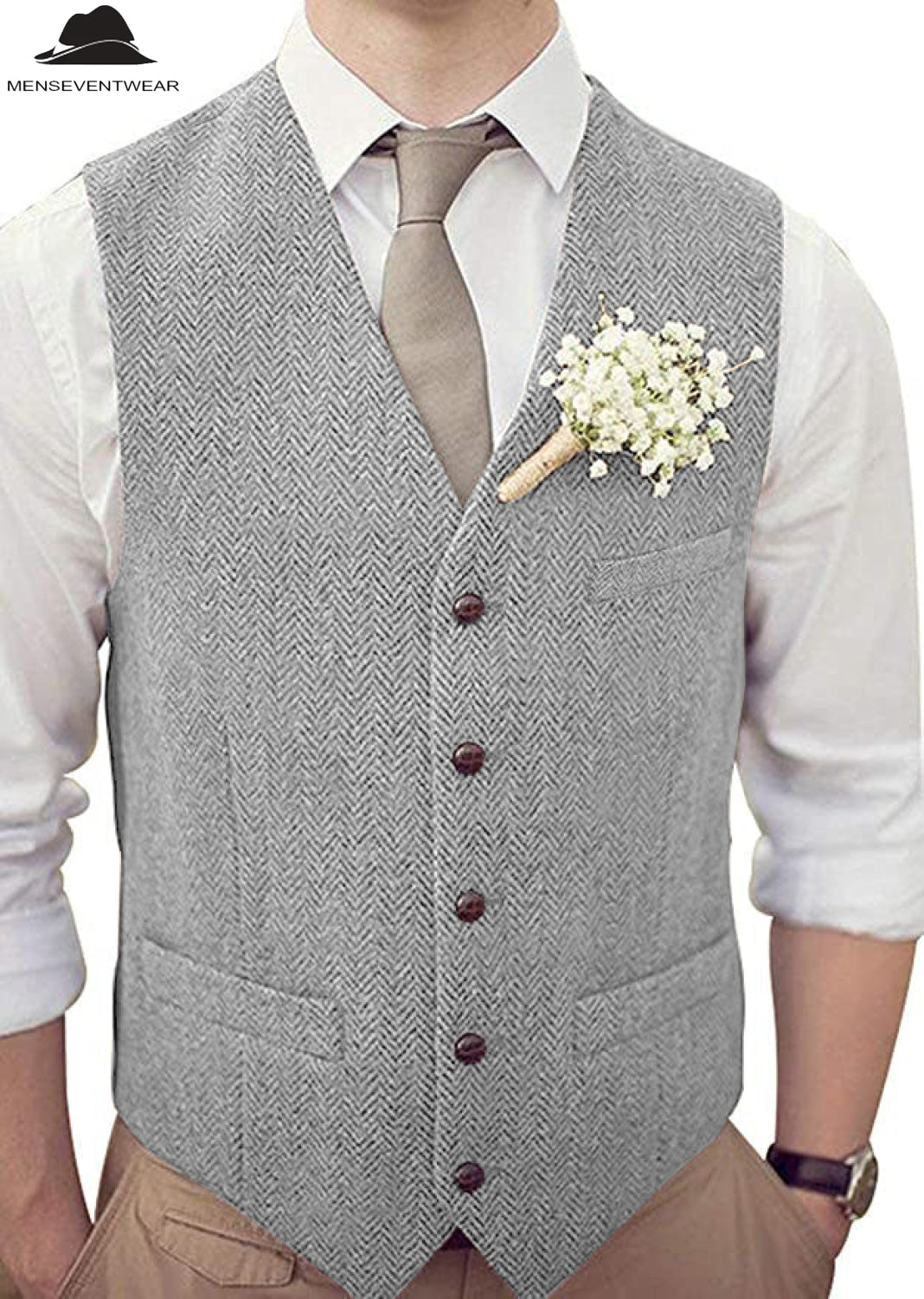 Casual Mens Classic Slim Fit Tweed Herringbone V Neck Waistcoat mens event wear