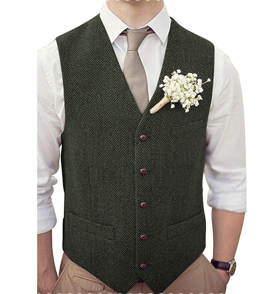 Casual Mens Classic Slim Fit Tweed Herringbone V Neck Waistcoat mens event wear
