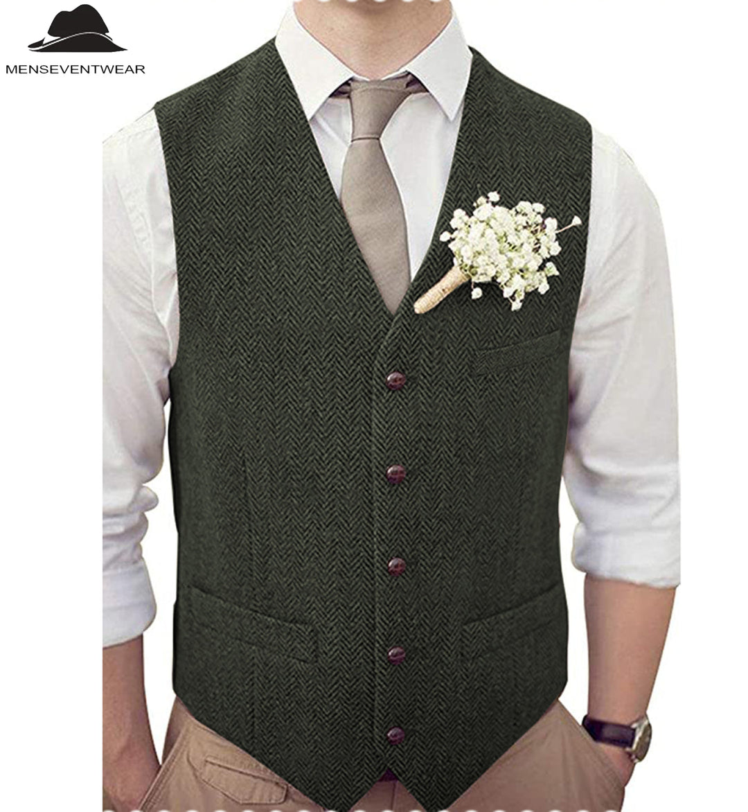 Casual Mens Classic Slim Fit Tweed Herringbone V Neck Waistcoat mens event wear