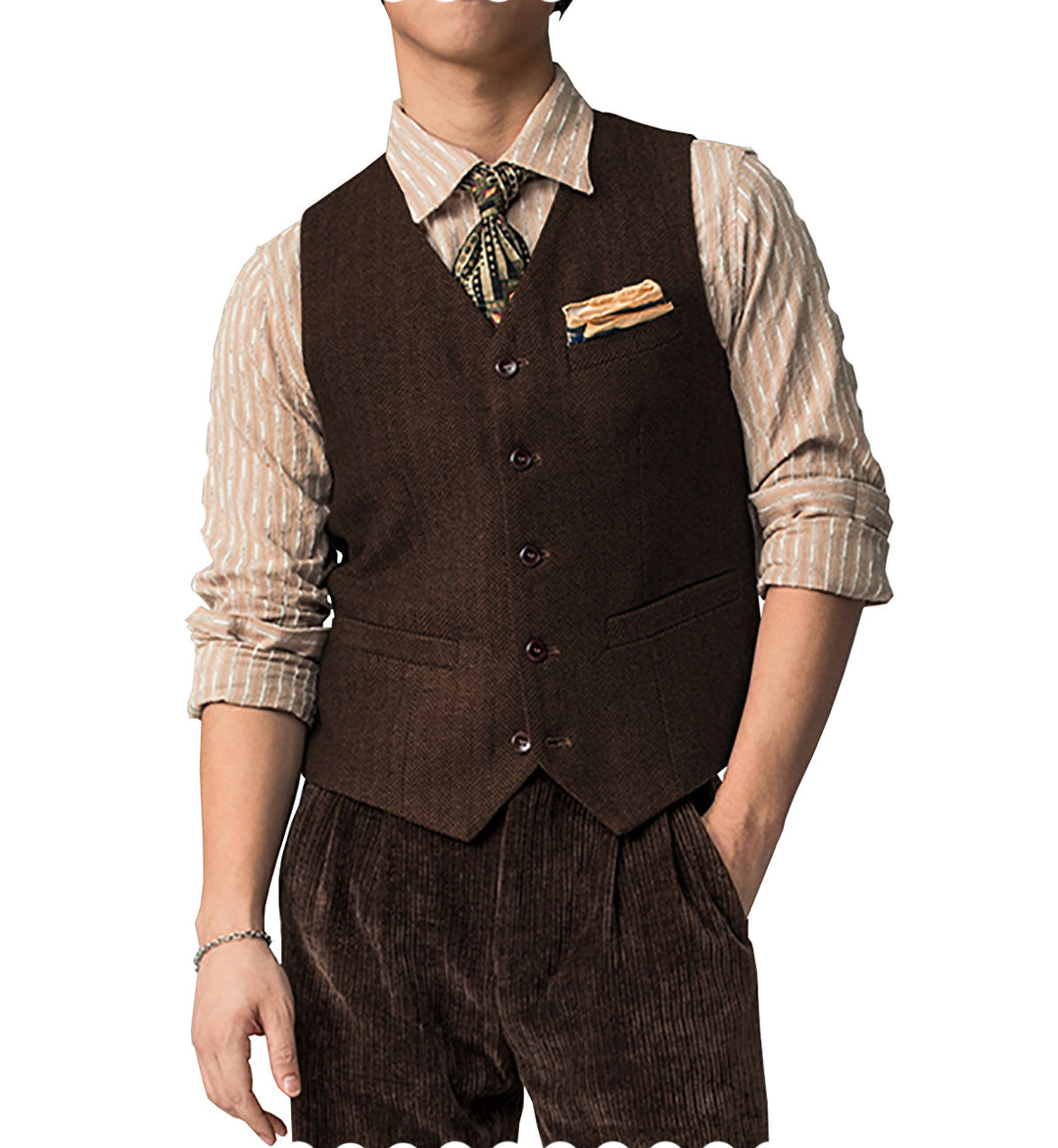 Casual Mens Classic Slim Fit Tweed Herringbone V Neck Waistcoat mens event wear