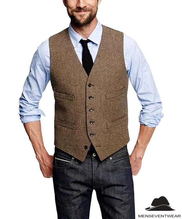 Casual Mens Classic Slim Fit Tweed Herringbone V Neck  Waistcoat menseventwear