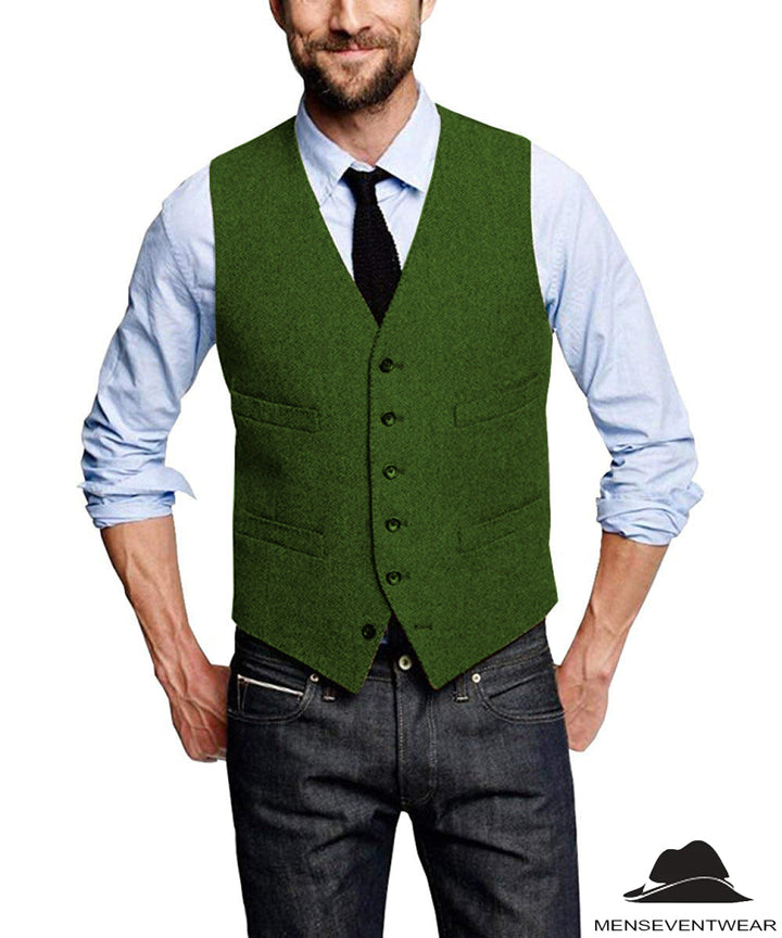 Casual Mens Classic Slim Fit Tweed Herringbone V Neck  Waistcoat menseventwear