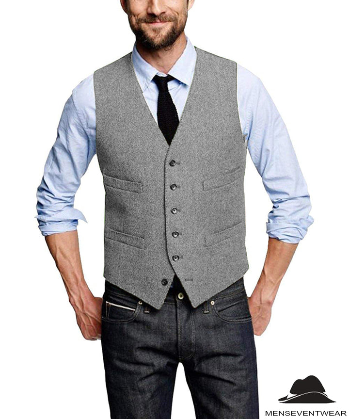 Casual Mens Classic Slim Fit Tweed Herringbone V Neck  Waistcoat menseventwear