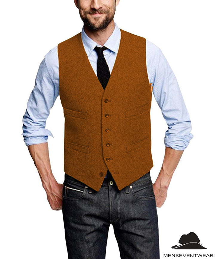 Casual Mens Classic Slim Fit Tweed Herringbone V Neck  Waistcoat menseventwear