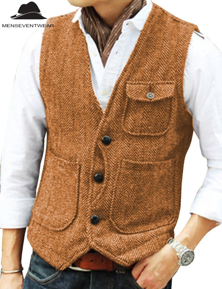 Casual Mens Classic Tweed Herringbone V Neck Waistcoat menseventwear