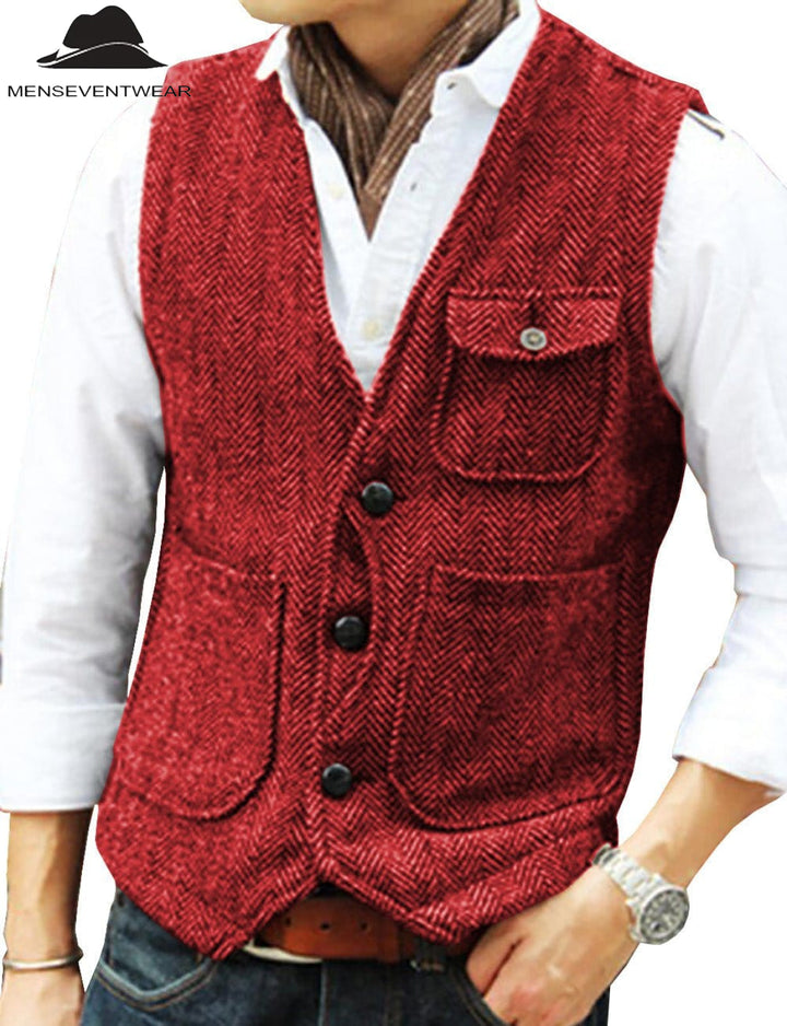 Casual Mens Classic Tweed Herringbone V Neck Waistcoat menseventwear