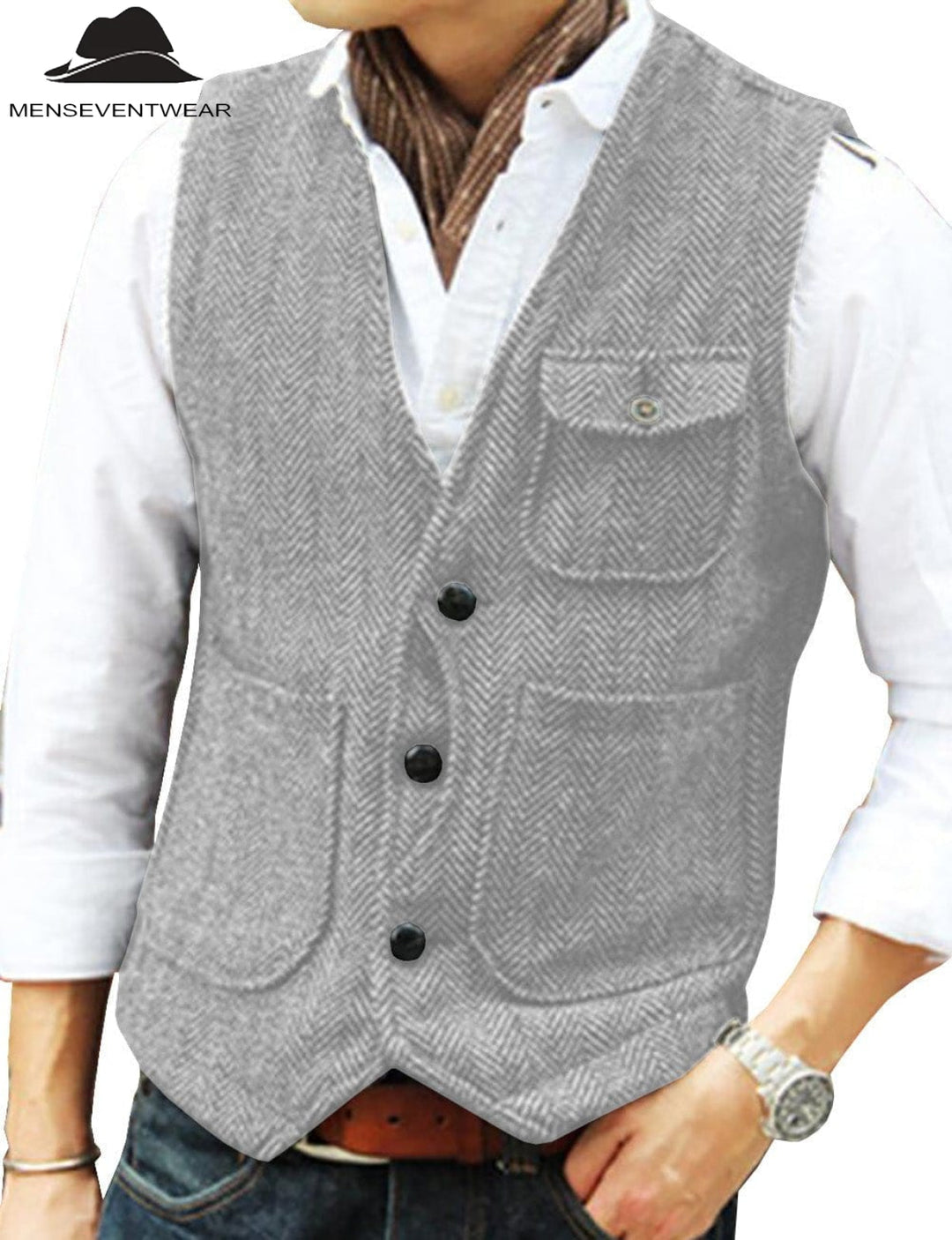 Casual Mens Classic Tweed Herringbone V Neck Waistcoat menseventwear