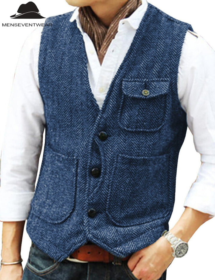 Casual Mens Classic Tweed Herringbone V Neck Waistcoat menseventwear