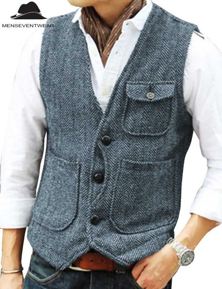 Casual Mens Classic Tweed Herringbone V Neck Waistcoat menseventwear