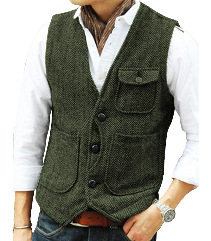 Casual Mens Classic Tweed Herringbone V Neck Waistcoat menseventwear