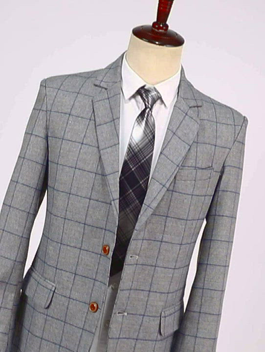 Traje de hombre de negocios de 2 piezas de esmoquin de solapa de muesca de tela escocesa gris formal para boda (Blazer + Pantalones)