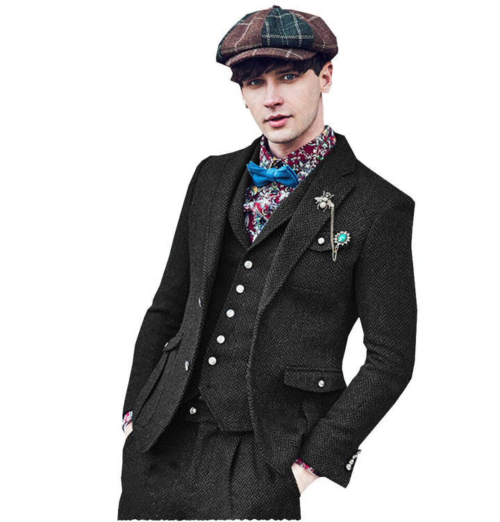 Classic 3 Pieces Mens Suit Herringbone Tweed Notch Lapel Tuxedos (Blazer+vest+Pants) mens event wear