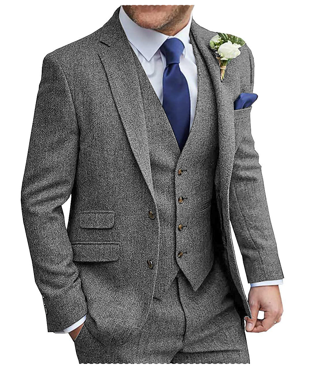Classic 3 Pieces Mens Suit Herringbone Tweed Notch Lapel Tuxedos for Wedding (Blazer+vest+Pants) mens event wear