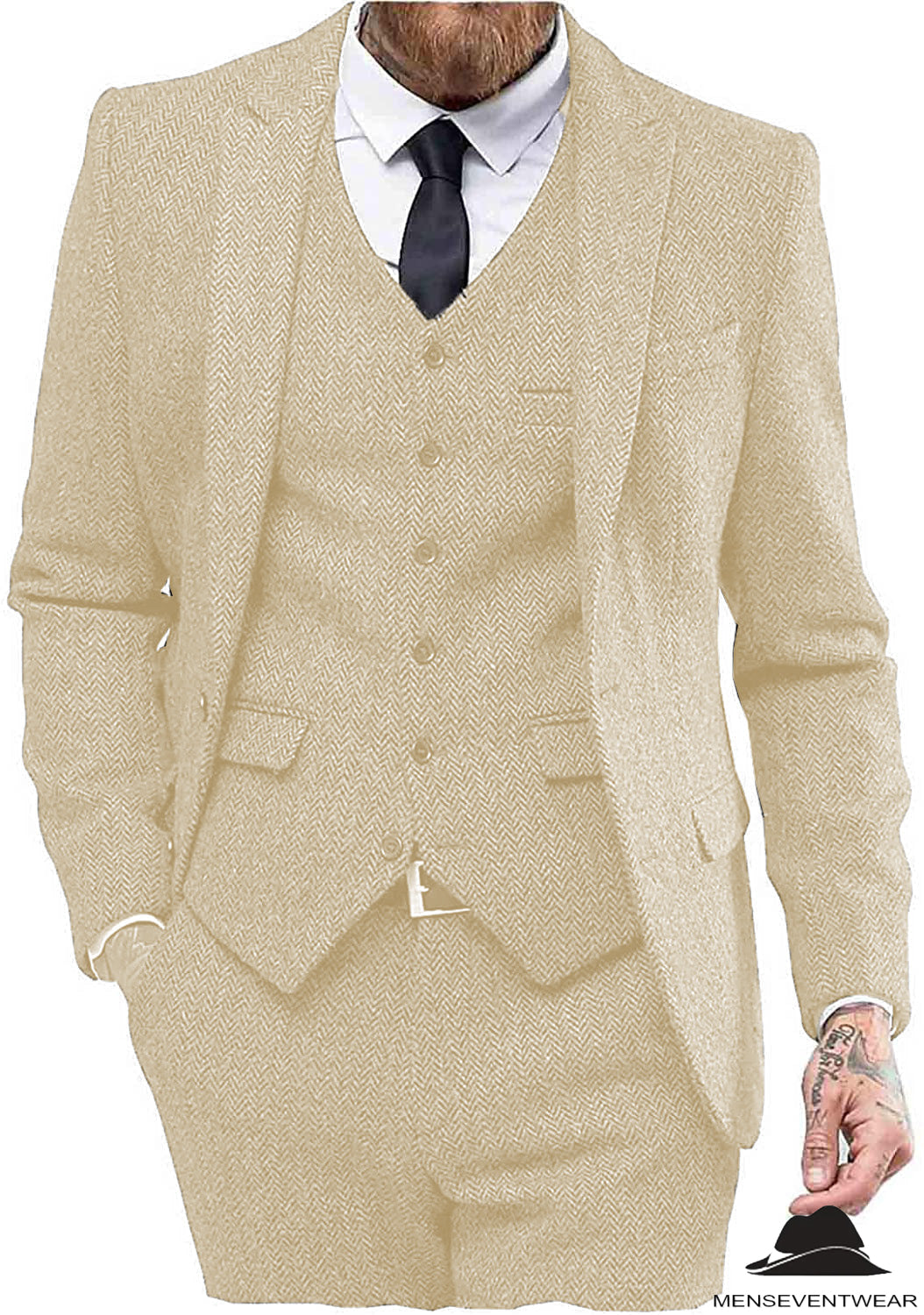 Classic 3 Pieces Mens Suit Herringbone Tweed Peak Lapel Tuxedos (Blazer+vest+Pants) mens event wear