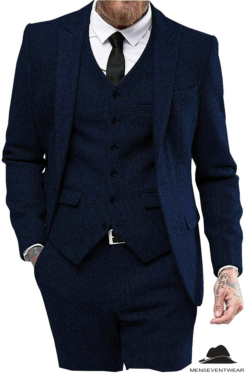 Classic 3 Pieces Mens Suit Herringbone Tweed Peak Lapel Tuxedos (Blazer+vest+Pants) mens event wear