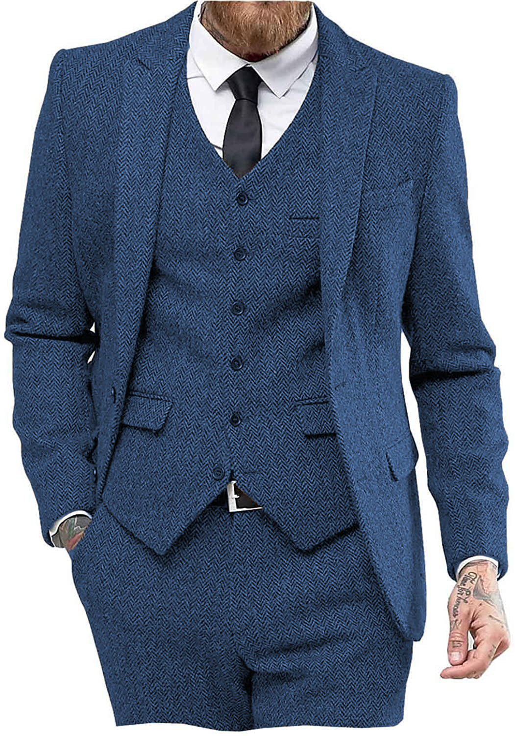 Classic 3 Pieces Mens Suit Herringbone Tweed Peak Lapel Tuxedos (Blazer+vest+Pants) mens event wear
