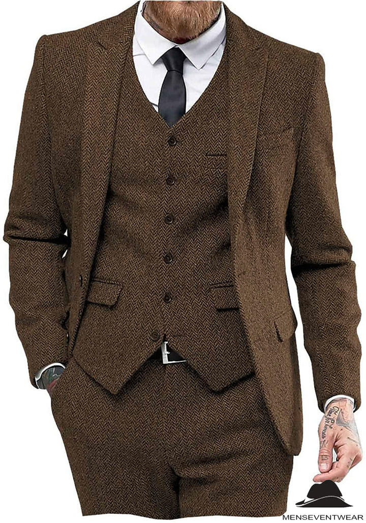 Classic 3 Pieces Mens Suit Herringbone Tweed Peak Lapel Tuxedos (Blazer+vest+Pants) mens event wear