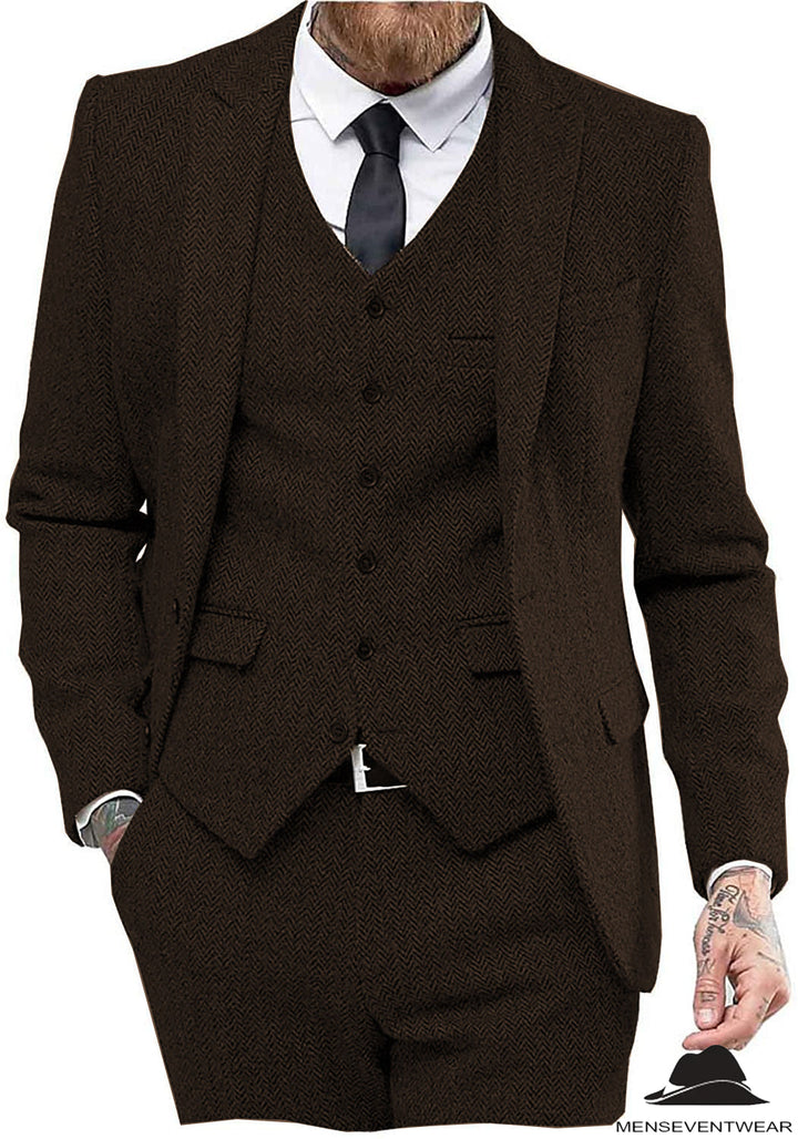 Classic 3 Pieces Mens Suit Herringbone Tweed Peak Lapel Tuxedos (Blazer+vest+Pants) mens event wear