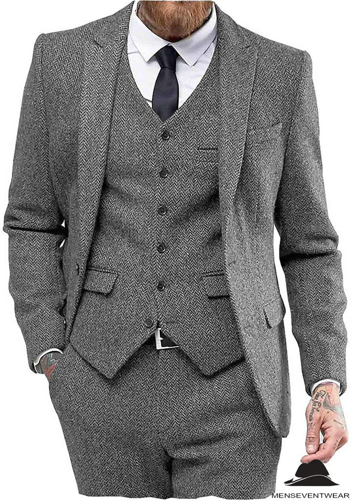 Classic 3 Pieces Mens Suit Herringbone Tweed Peak Lapel Tuxedos (Blazer+vest+Pants) mens event wear