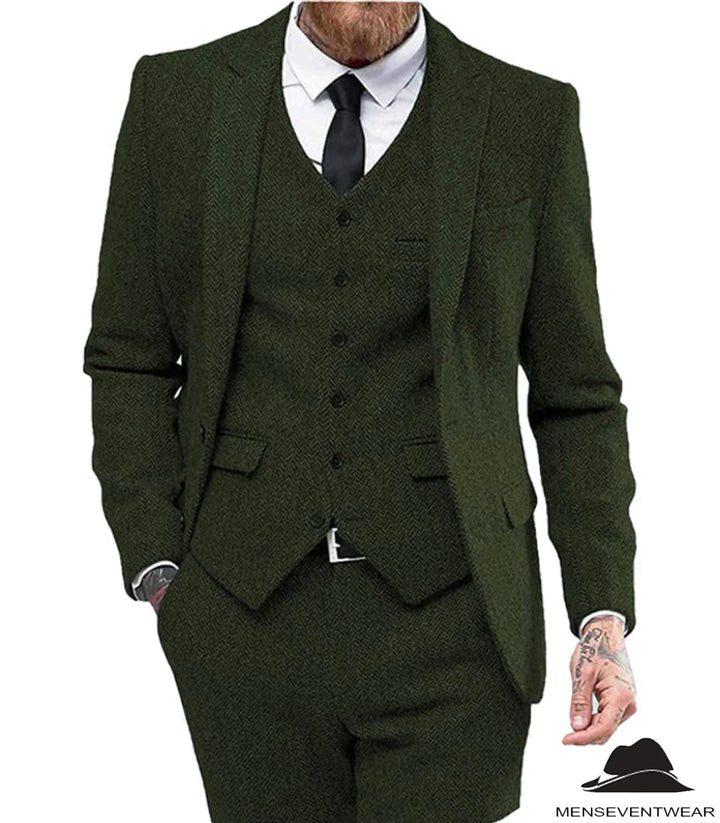 Classic 3 Pieces Mens Suit Herringbone Tweed Peak Lapel Tuxedos (Blazer+vest+Pants) mens event wear