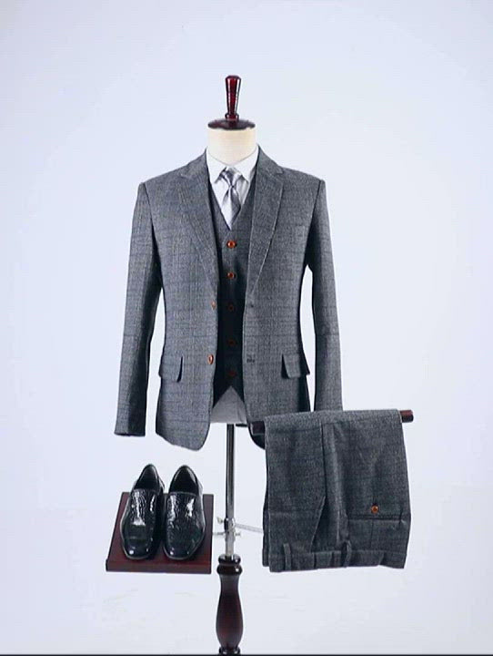 Men's Business 3 Pieces Formal Dark Grey Tweed Notch Lapel Suit (Blazer+vest+Pants)