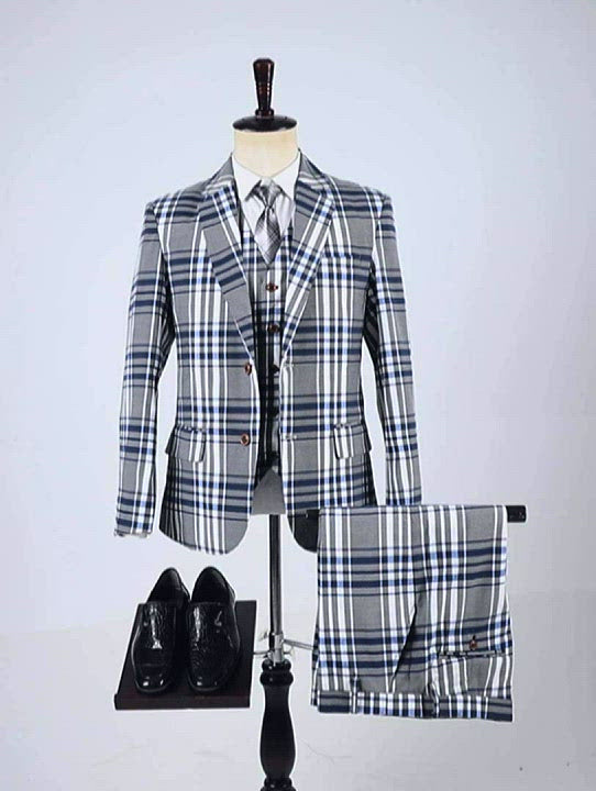 Men's Business 3 Pieces Formal Grey Plaid Notch Lapel Suit (Blazer+vest+Pants)
