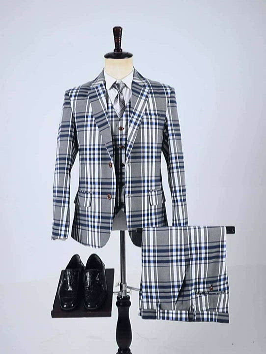 Herrengeschäft 3 Stücke formelle graue Plaid -Notch -Reversanzug (Blazer+Weste+Hose)