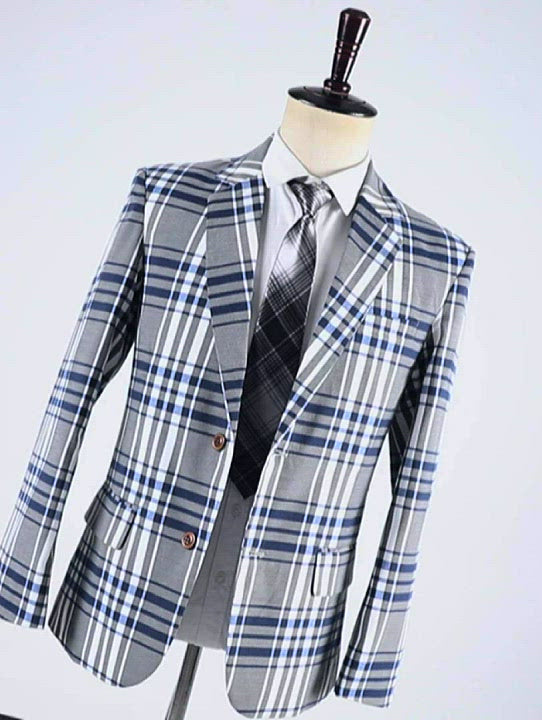 Mens Suit Formal Tweed 2 Pieces Business Grey Plaid Notch Lapel Tuxedos for Wedding (Blazer+Pants)