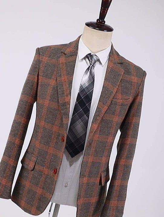 Men's 2 Pieces Formal Burgundy Plaid Notch Lapel Tuxedos for Wedding(Blazer+Pants)