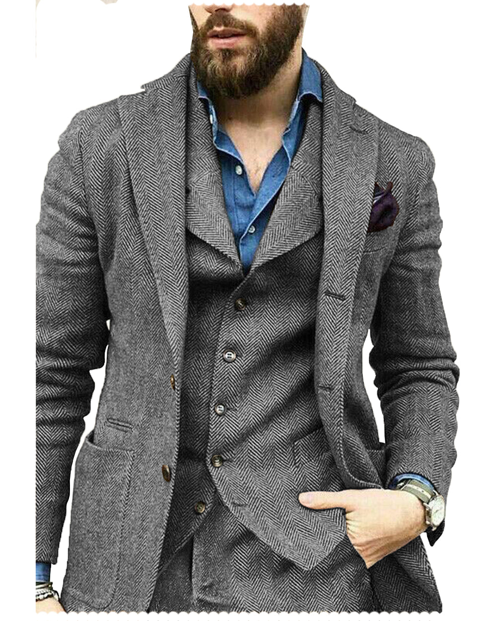 Fashion 3 Pieces Mens Suit Herringbone Notch Lapel For Wedding (Blazer+vest+Pants) mens event wear