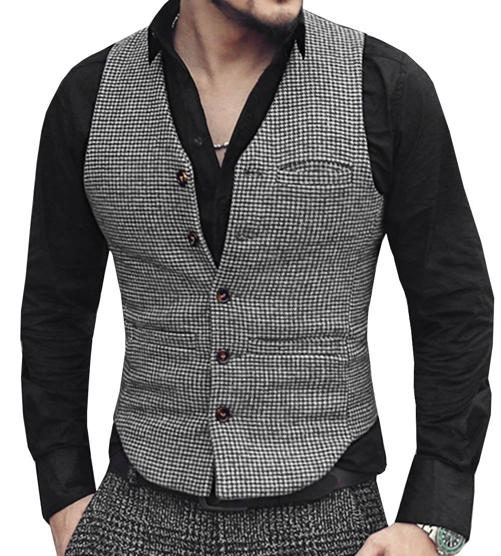 Fashion Casual Men's Slim Fit Tweed Houndstooth V Neck Waistcoat Adam Reed