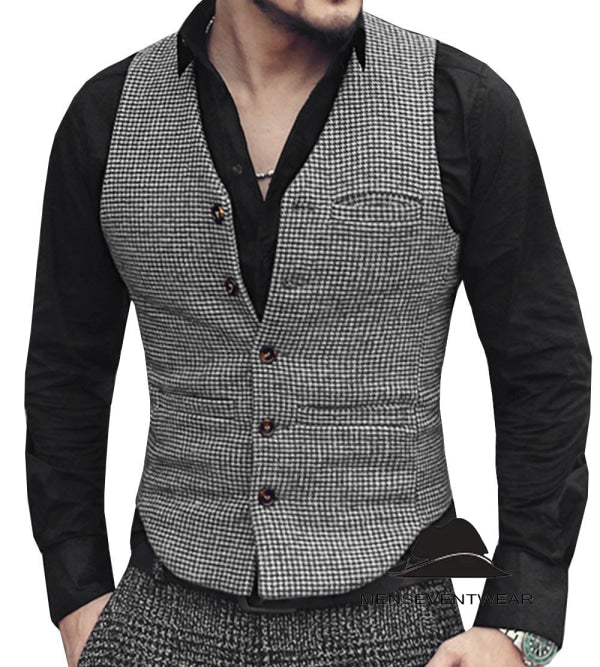 Fashion Casual Men's Slim Fit Tweed Houndstooth V Neck Waistcoat Adam Reed