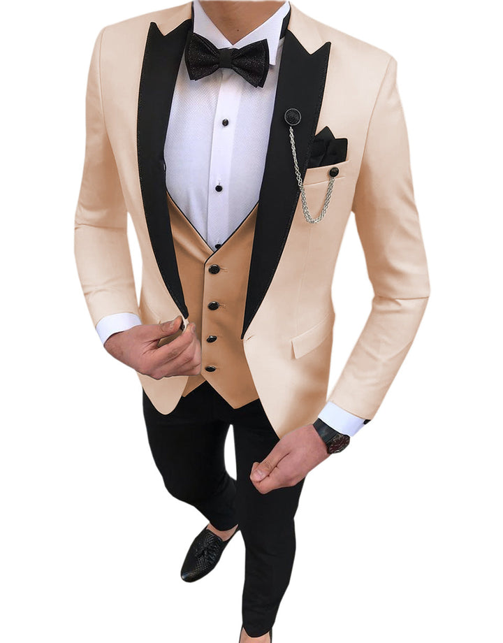 Fashion Men's 3 Pieces Classic Flat Peak Lapel Tuxedos For Wedding (Blazer+vest+Pants) mens event wear