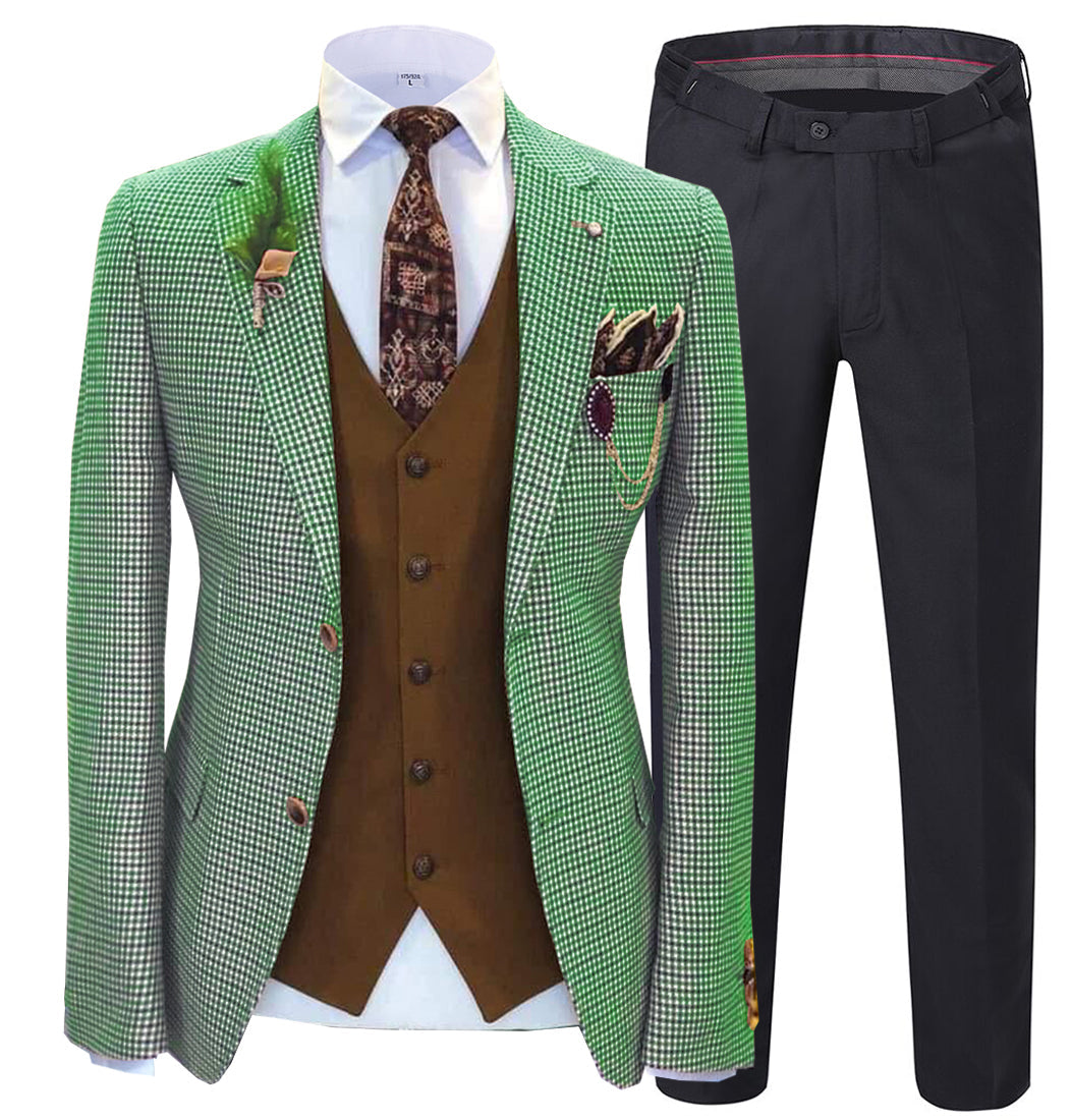 Fashion Men's 3 Pieces Houndstooth Notch Lapel Tuxedos (Blazer+vest+Pants) mens event wear