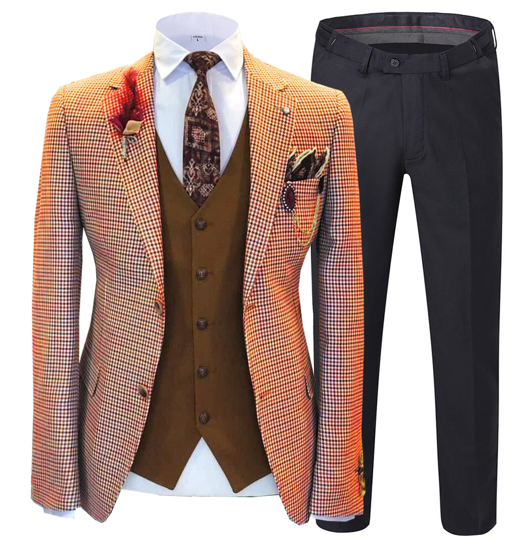 Fashion Men's 3 Pieces Houndstooth Notch Lapel Tuxedos (Blazer+vest+Pants) mens event wear