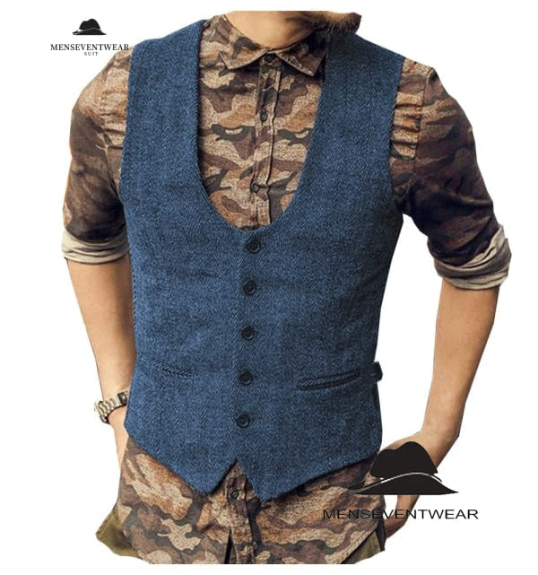 Fashion Men's Casual Tweed Herringbone U Neck Waistcoat menseventwear