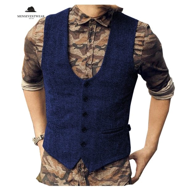 Fashion Men's Casual Tweed Herringbone U Neck Waistcoat menseventwear
