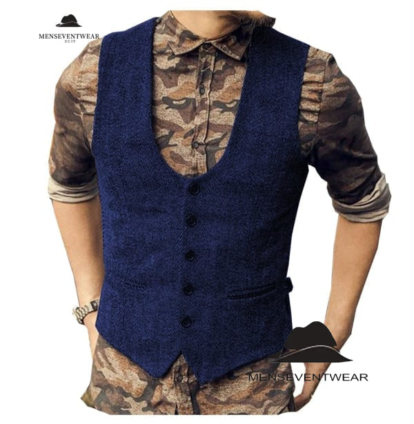 Fashion Men's Casual Tweed Herringbone U Neck Waistcoat menseventwear