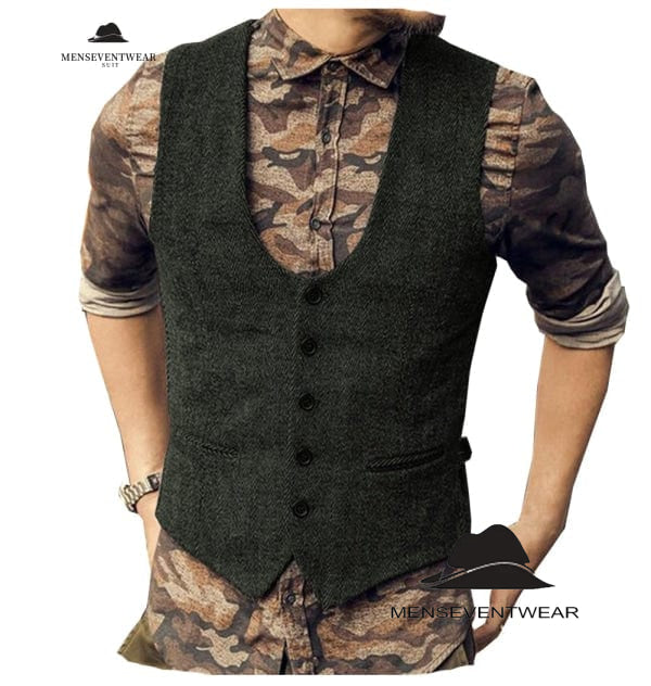 Fashion Men's Casual Tweed Herringbone U Neck Waistcoat menseventwear