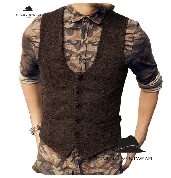 Fashion Men's Casual Tweed Herringbone U Neck Waistcoat menseventwear